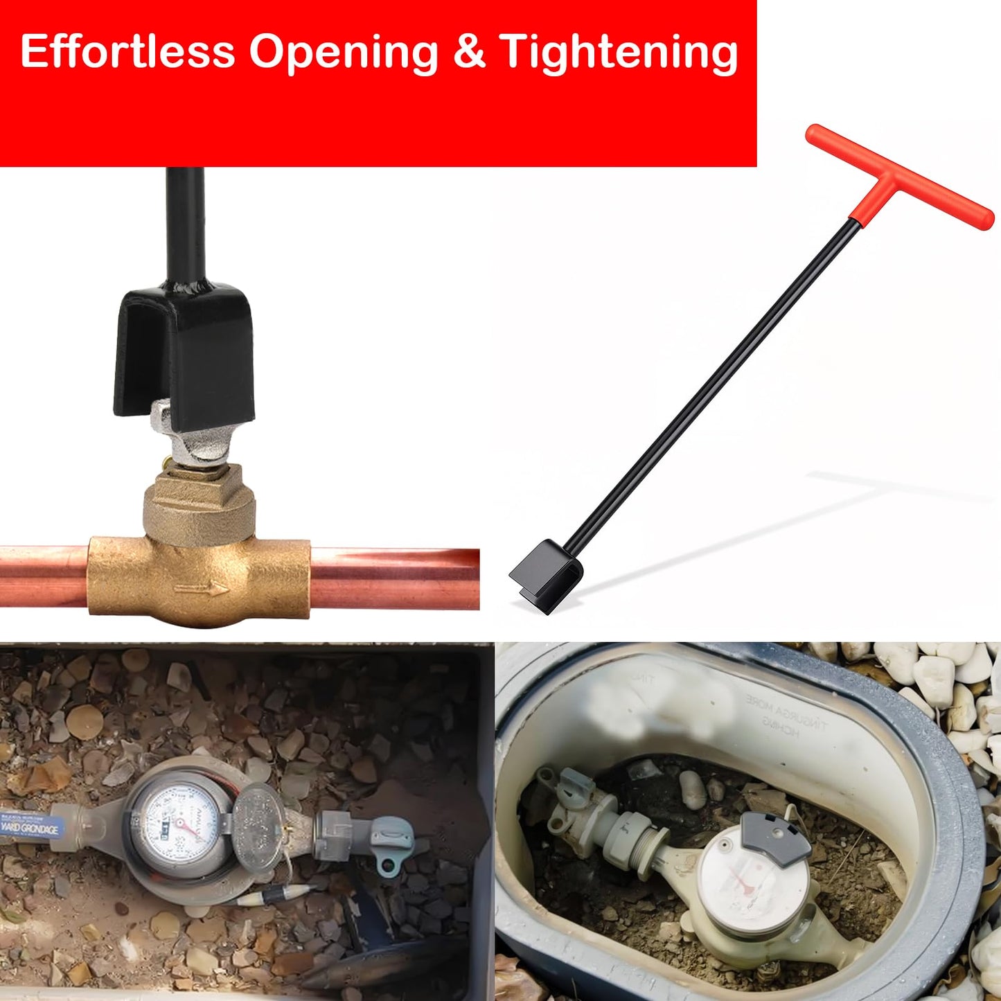 Manalete 17 Inch Water Meter Key with 4-Way Utility Key - Heavy-Duty Water Shut Off Tool for Curb Main, Underground Stop/Waste, Enforced Rebar Steel, T-Handle & U-Head