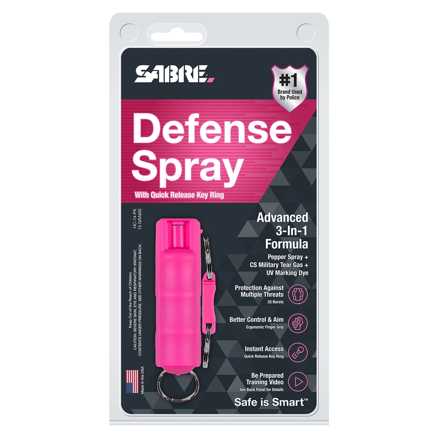 SABRE Defense Spray, 3-in-1 Formula Contains Max Strength Pepper Spray, CS Military Tear Gas & UV Marking Dye, Quick Release Key Ring for Easy Carry, Finger Grip for More Accurate Aim, 0.54 fl oz