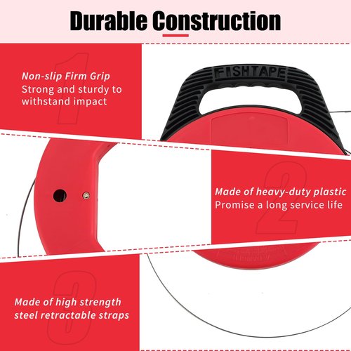 FLKQC 100 Feet (30M) Steel Fish Tape in Red Plastic Housing Retractable Wire Fish Tape Reel Pulling for Heavy Duty Pulls, Short Runs and Conduit Measuring