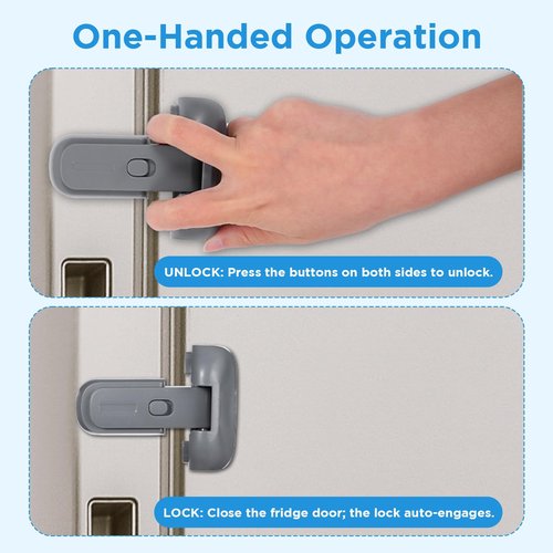 Wanmu Child Proof Fridge Door Lock, Freezer Latches with Adhesive, Refrigerator Sealing Strip to Keep Door Closed for Toddlers and Kids Safety, no Tools Need or Drill (Grey)