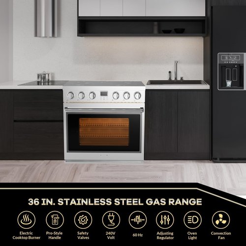 36" Stainless Steel Electric Range - 6 Cu.Ft Convection Oven with 5-Element Glass Cooktop, 6 Cooking Functions, Silver