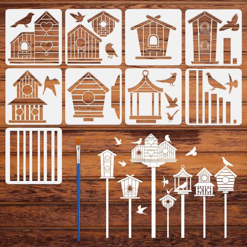 FINGERINSPIRE 9 Styles Birdhouse Pattern Stencils with Brush 11.8x11.8Inch Various Birdhouse Painting Template Bird Silhouette Drawing Stencil PET Plant Theme Template for Wood Wall Floor Tiles
