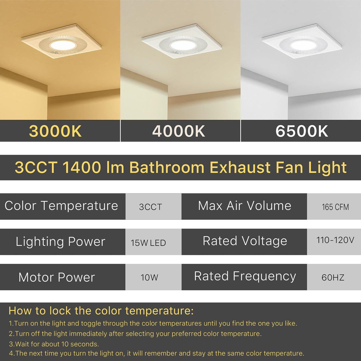 FWASTT Bathroom Exhaust Fan with Light 165CFM Shower Bathroom Vent Fan with 11.8IN 15w Led Light Combo Quiet 1.2 Sones Bath Ceiling vent with Adjustable Led Light 3000k/4000k/6500k For Home Bath