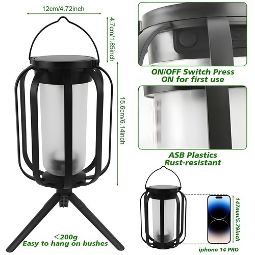 Solar Flame Camping Lantern, Solar Lantern Outdoor Lights with Base, Automatic Light Sensor, USB-C Charging, Waterproof Hanging Lanterns for Garden Yard Patio Backyard Porch Decor (2 PCS)