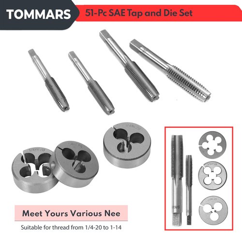 TOMMARS 51-Pc 1/4-20 to 1-14 Jumbo Tap and Die Set SAE Round Threading Dies for Threading and Rethreading Internal and External Threads