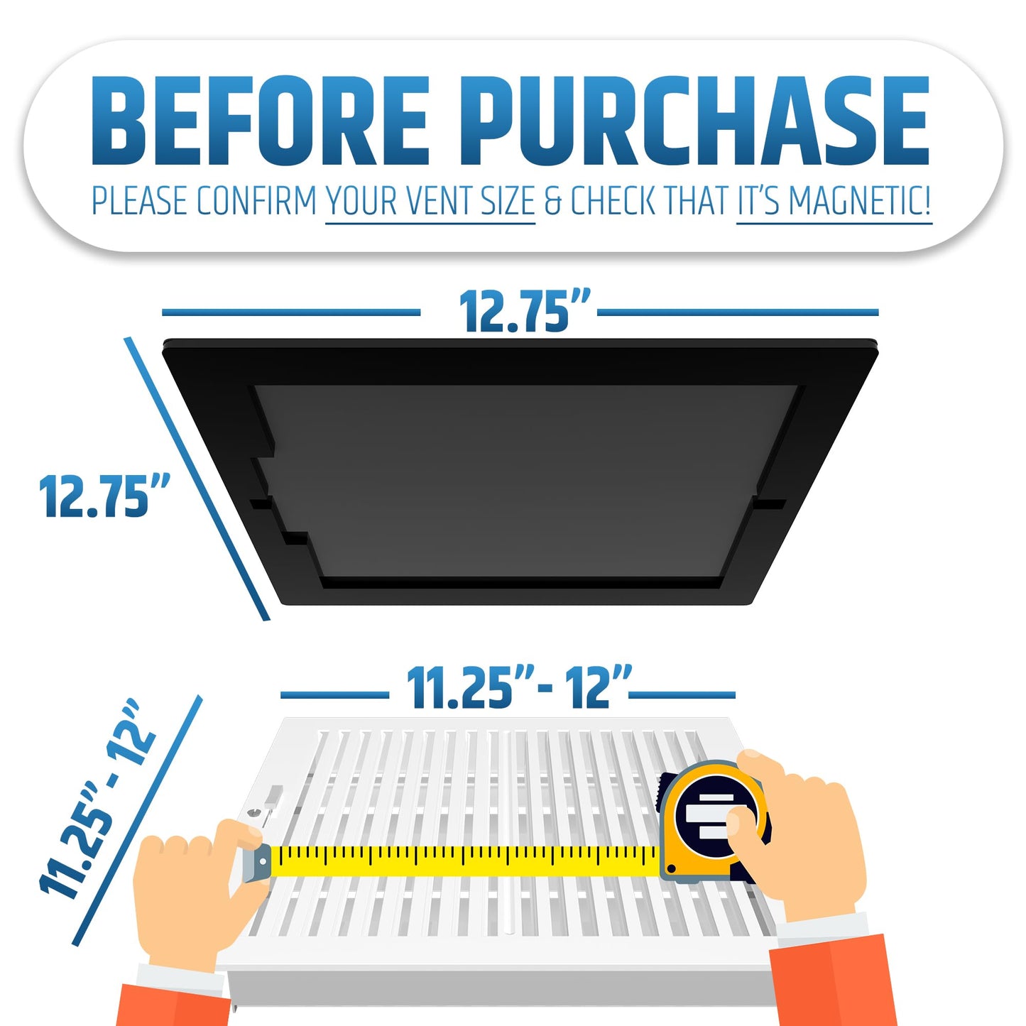 Powerful Magnetic Vent Covers (2-Pack) that Will Never Fall Off (Upgraded Design) - for Sealing Floor/Wall/Ceiling Registers of Width 11.25" to 12", Length 11.25" to 12" | Vent Not Included | White