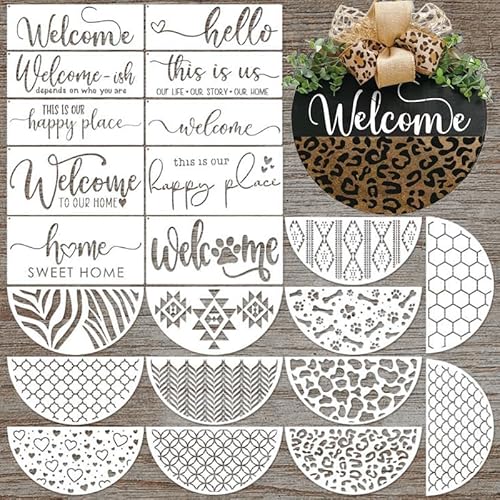 Welcome Stencils for Painting on Wood, 22 Pcs Reusable Stencil Set Templates for Crafts, Brick Leopard Cow Print and Herringbone Patterns for Porch, Door, Doormat, and Farmhouse Decor
