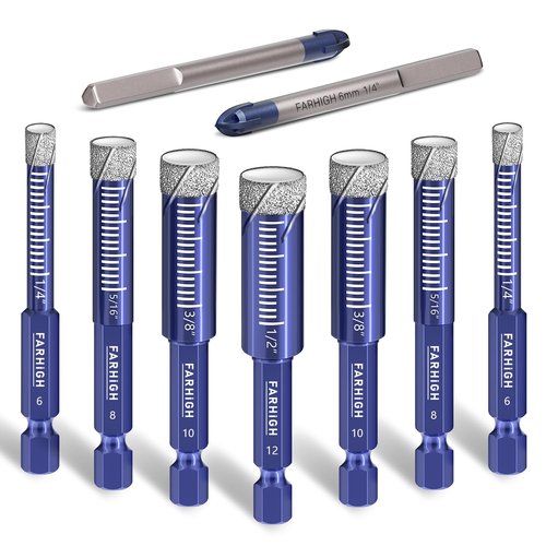 9 Pcs Diamond Drill Bit Set for Porcelain, Ceramic, Tile, Glass, Granite, Concrete, Masonry, Stone, Hex Shank Tile Drill Bits, Premium Industrial Diamond Grit, for Efficient Precise Drilling