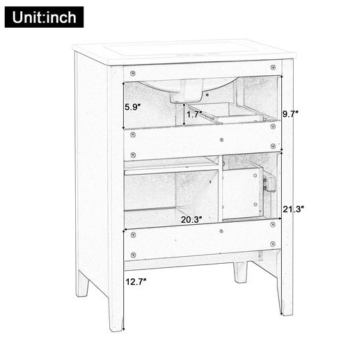 Polibi 24in Bathroom Vanity with Ceramic Sink,Bathroom Cabinet with Two Drawers,Adjustable Shelf and Removable Dividers Drawer,MDF & Rubberwood, Compact Storage for Small Bathrooms (Dark Green)