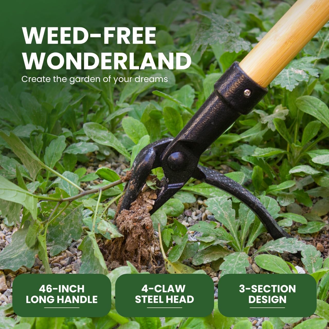 Boliz 46” Detachable Weed Puller Tool Stand up Heavy Duty with 4-Claw Steel Head, Real Bamboo Garden Weed Pulling Tool, Weed Remover Tool Without Bending