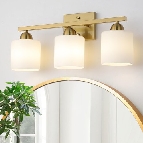 Mecgirn Stainless Steel Milk Glass Bathroom Vanity Light Over Mirror, 3 Light Brushed Gold Bathroom Light Fixtures with Frosted Glass, Modern Vanity Lighting Wall Mount