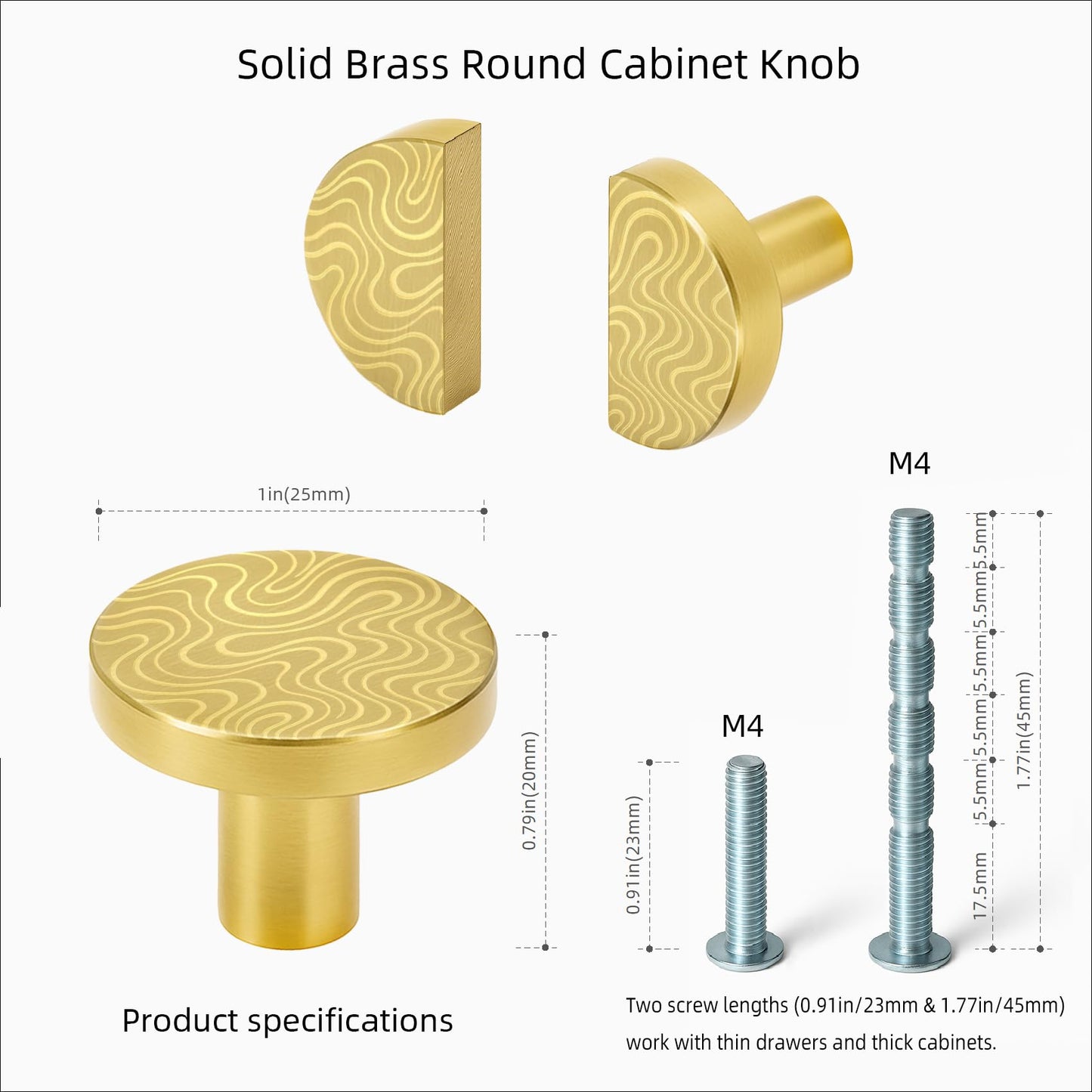 JKJOWPER 7-Pack 1 Inch Solid Brass Knobs - Round Brushed Gold Cabinet Knobs for Kitchen & Bathroom, Elegant Engraved Pattern, 2 Screw Sizes Included