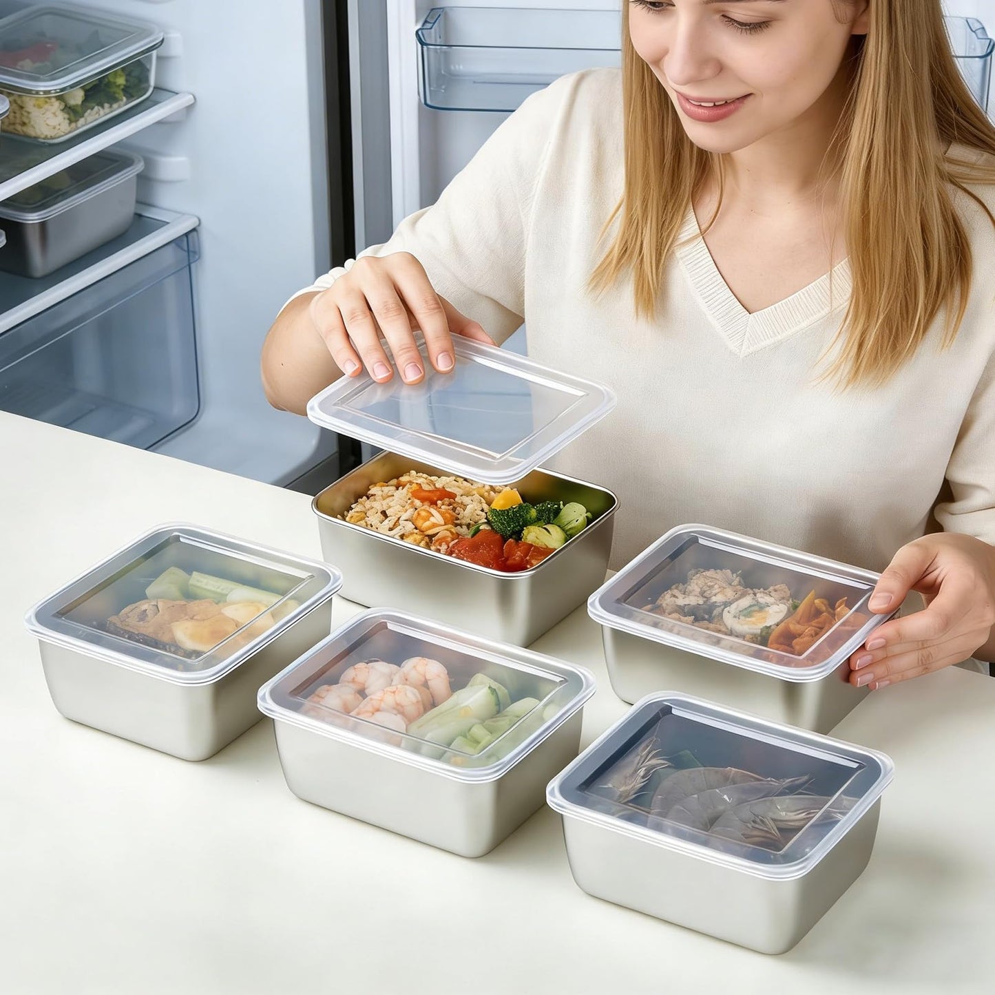 5 PCS Stainless Steel Storage Containers with Clear Lids,Food Prep and Storage Containers, for Pantry, Fruit & Snack Organization.
