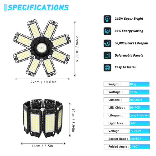LAMLAMCK Garage Light 2 Pack - 240W 24000LM 6500K Garage Lights Ceiling LED with 8+1 Deformable Panels, E26/E27 Screw Socket in LED Shop Light for Workshop, Basement, Gym, Warehouse Bay Lighting