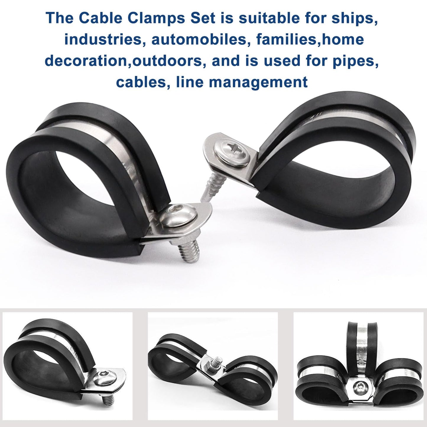 Taiss 50PCS 3/8 Inch Cable Clamps 304 Stainless Steel Rubber Cushion Insulated Wire Clamps,Pipe Clamps,Loop Clamps,Hose Clamp,Metal Rubber Clips With Two Kinds Of Screws(10mm) F-098-10mm