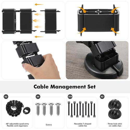 Yaomiao 2 Pack Under Desk Vertebrae Cable Management Kit Standing Desk 48 Inch Adjustable Quad Entry Flexible Cord Organizer with Ties, Stick-on Clips Cable Management Set for Home User Office Worker