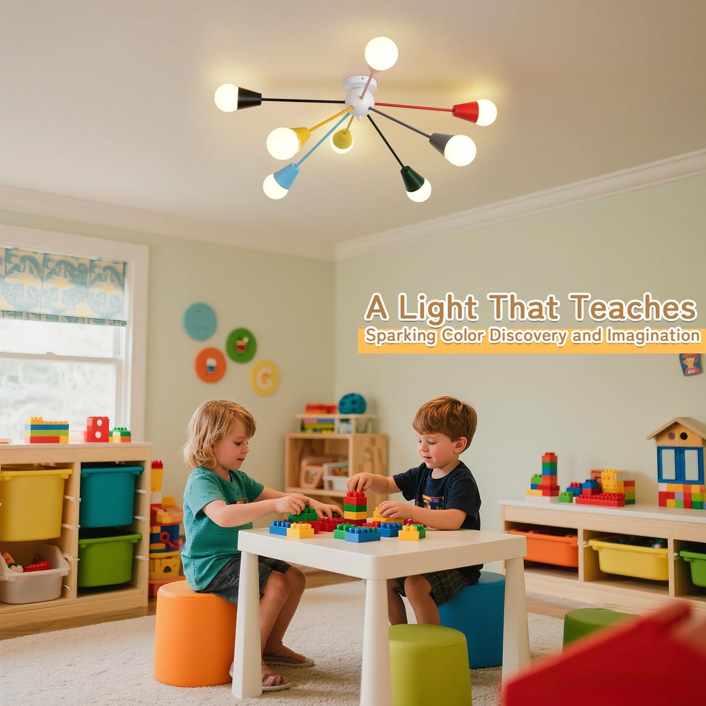 ZORYATA 33” Kids Ceiling Light Fixture, Colorful 8-Light Sputnik Chandelier Lighting, Modern Semi Flush Mount Ceiling Lamp for Children Bedroom, Dining Room, Kitchen, Entryway, Playroom, Multi Color