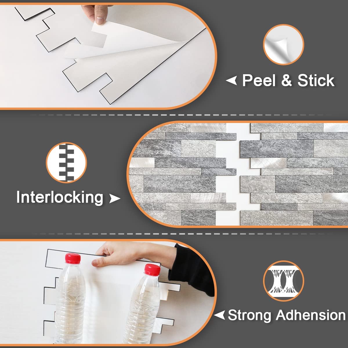 VAOVI Backsplash Tile Peel and Stick Kitchen Stone Subway Linear Mosaic Bathroom Shower Wall Waterproof(10pcs,Gray)