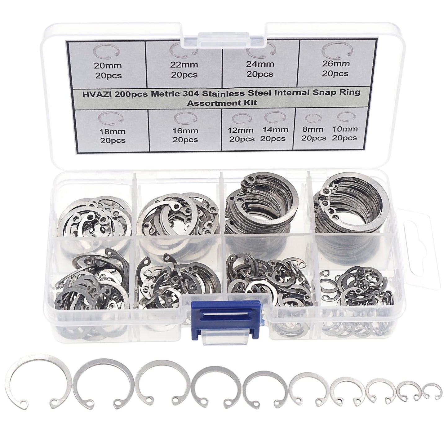 HVAZI 200pcs Metric 304 Stainless Steel Internal Snap Ring Assortment Kit 10 Kinds