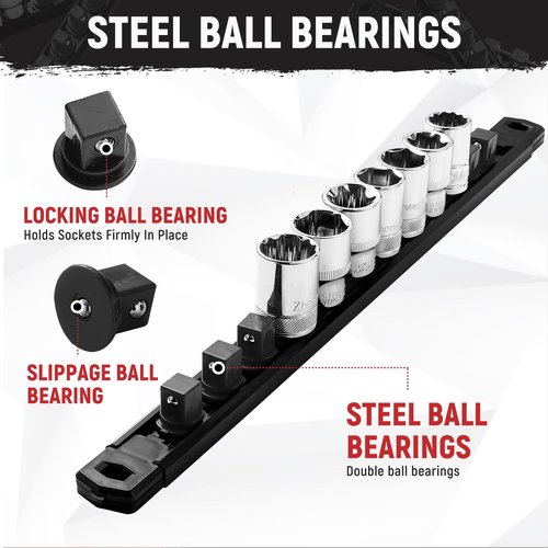 Reniteco Magnetic Socket Organizer, 1-Piece Heavty Duty ABS Socket Holder, Socket Rail for Tool Box, Premium Quality 360° Swivel Socket Rack with 12 Clips for 1/2-Inch(Black)