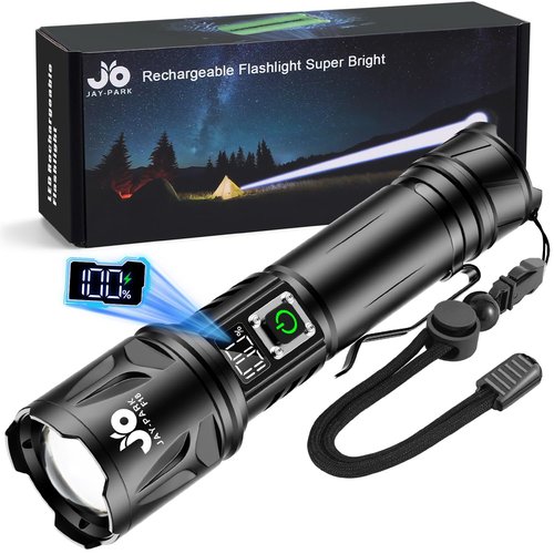 JAY-PARK High Lumen Flashlight - 10000 Lumens, Rechargeable 5000mAh with LCD Display, Zoomable Long Beam (3000m), IP67 Waterproof, 5 Modes & Belt Clip - for Camping, Dog Walking