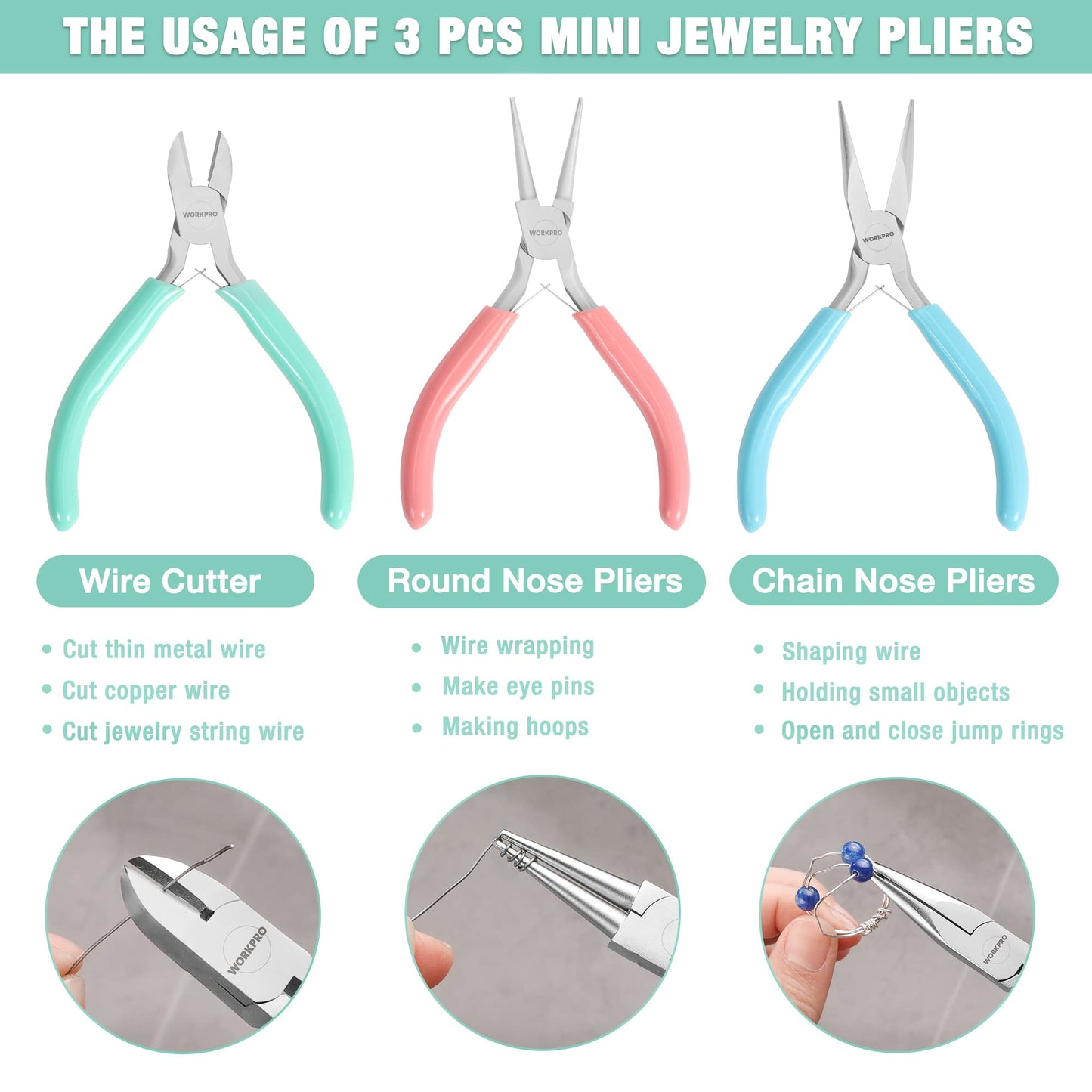 WORKPRO Jewelry Pliers Set, 3 Pack Jewelry Making Tool Kit Includes Mini Needle Nose Plier/Chain Nose Plier, Round Nose Plier and Wire Cutter for Jewelry Repair, DIY Crafts, Jewelry Making Supplies