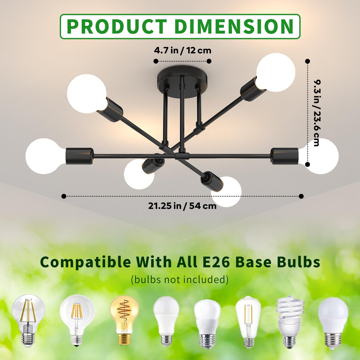 Phaosio Modern Sputnik Chandelier Ceiling Light Fixtures, 6-Lights 22” Mid Century Industrial Metal Semi Flush Mount for Dining Room, Bedroom, Living Room-Black