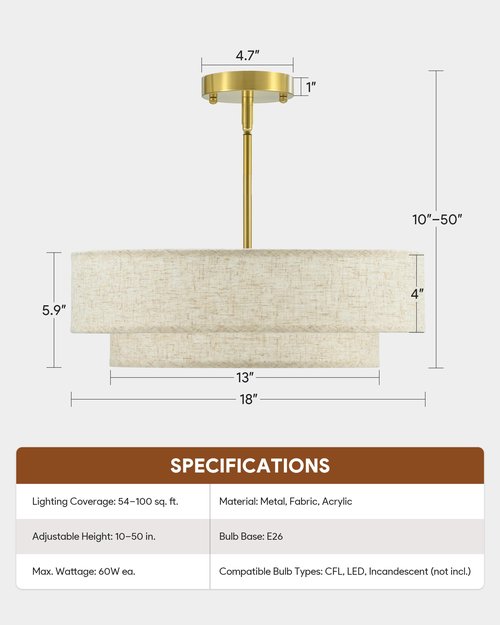 VONLUCE Modern Chandeliers, 18" Drum Chandeliers with 2-Layer Fabric Shade, 4-Light Pendant Light Fixture with E26 Bases, Light Fixture for Dining Room Bedroom Living Room, Linen Shade & Brass Finish