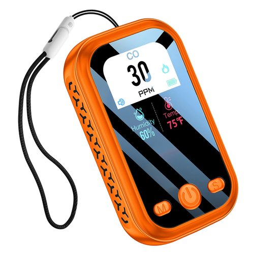 HAKINAKU [3-in-1] Carbon Monoxide Detector Portable Mini Air Quality Monitor with Lanyard Alarm CO Meter Temperature Humidity Sensor Built-in 1000mAh Battery, Indoor/Outdoor (Orange)