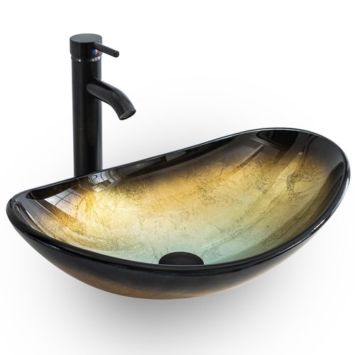eclife 21.5" Bathroom Vessel Sink Modern Artistic Single Champagne Boat Tempered Glass Basin Countertop Bowl Sink for Lavatory Vanity Cabinet, W/Water Save Faucet Pop Up Drain (A29CH)
