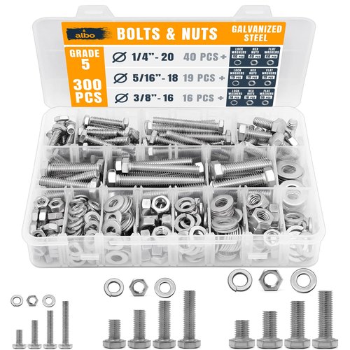 ALBO 300 pcs Hex Head Bolts and Nuts Grade 5 Zinc Plated 1/4-20, 5/16-18, 3/8-16 Nut and Bolt Set with Flat and Spring Washers in Case