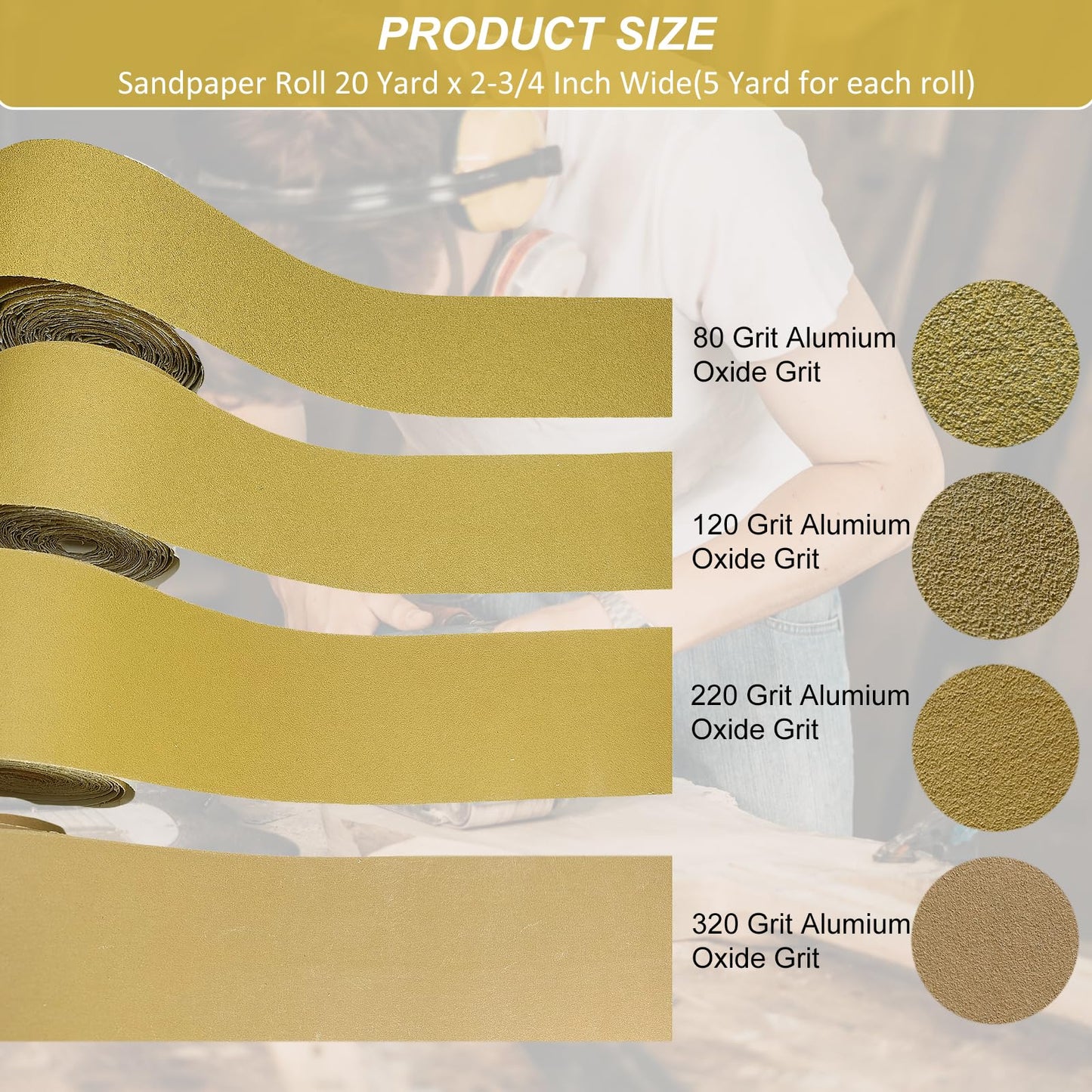 Total 20 Yards Long Continuous Roll Kit - 80 120 220 320 Grit PSA Longboard Sandpaper, 2-3/4" Wide - Self Adhesive Stickyback Sandpaper for Automotive, Woodworking, Hand Sanding Blocks