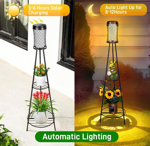 Solar Floor Lamp with Plant Stand - 2 Pack Waterproof Outdoor Lights for Garden, Pathway, Patio - Solar Powered Metal Stake Lanterns for Yard, Porch, Balcony, Backyard (Warm White)