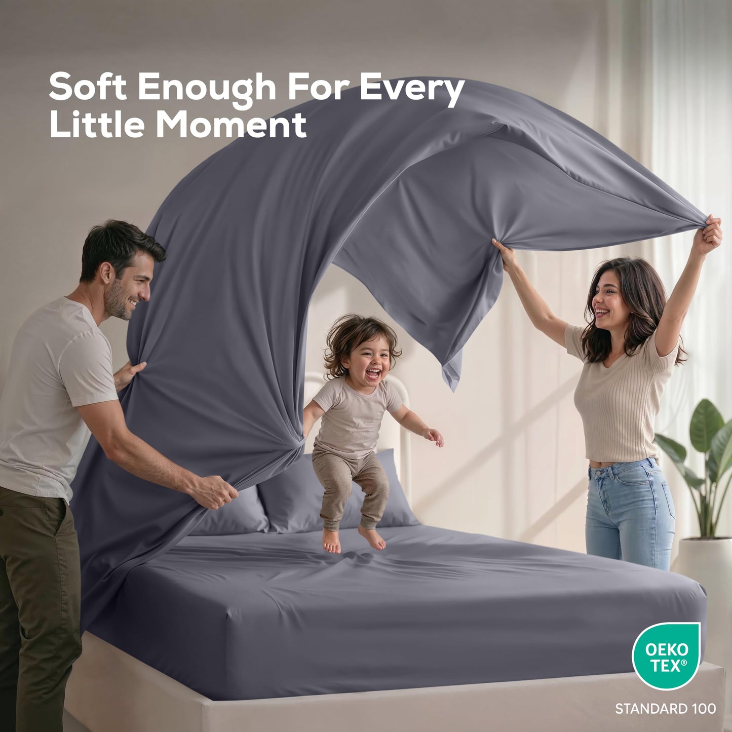 Queen Size Sheet Set – 4 Piece Bed Sheets, Soft and Breathable Microfiber, Includes 1 Fitted Sheet, 1 Flat Sheet and 2 Pillowcases – Oeko Tex (Grey)