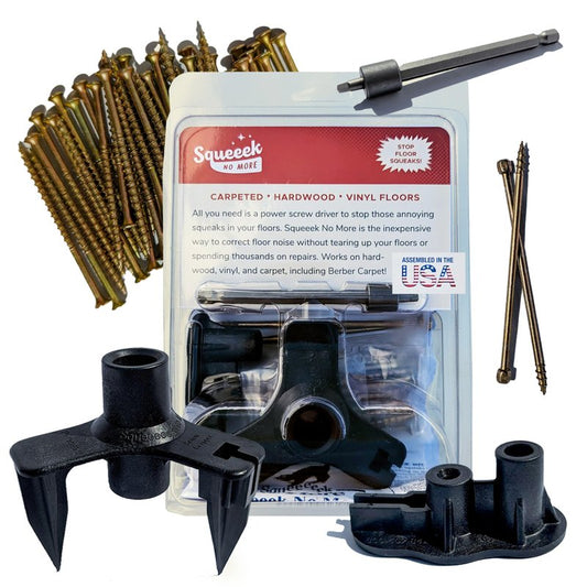 SQUEEEK NO MORE Squeaky Floor Repair Kit for Hardwood, Carpet, Vinyl & Linoleum – Complete Floor Squeak Repair Kit Includes Joist Finder Drill Bits, Tripod Fixture and 50 Counter-snap Screws