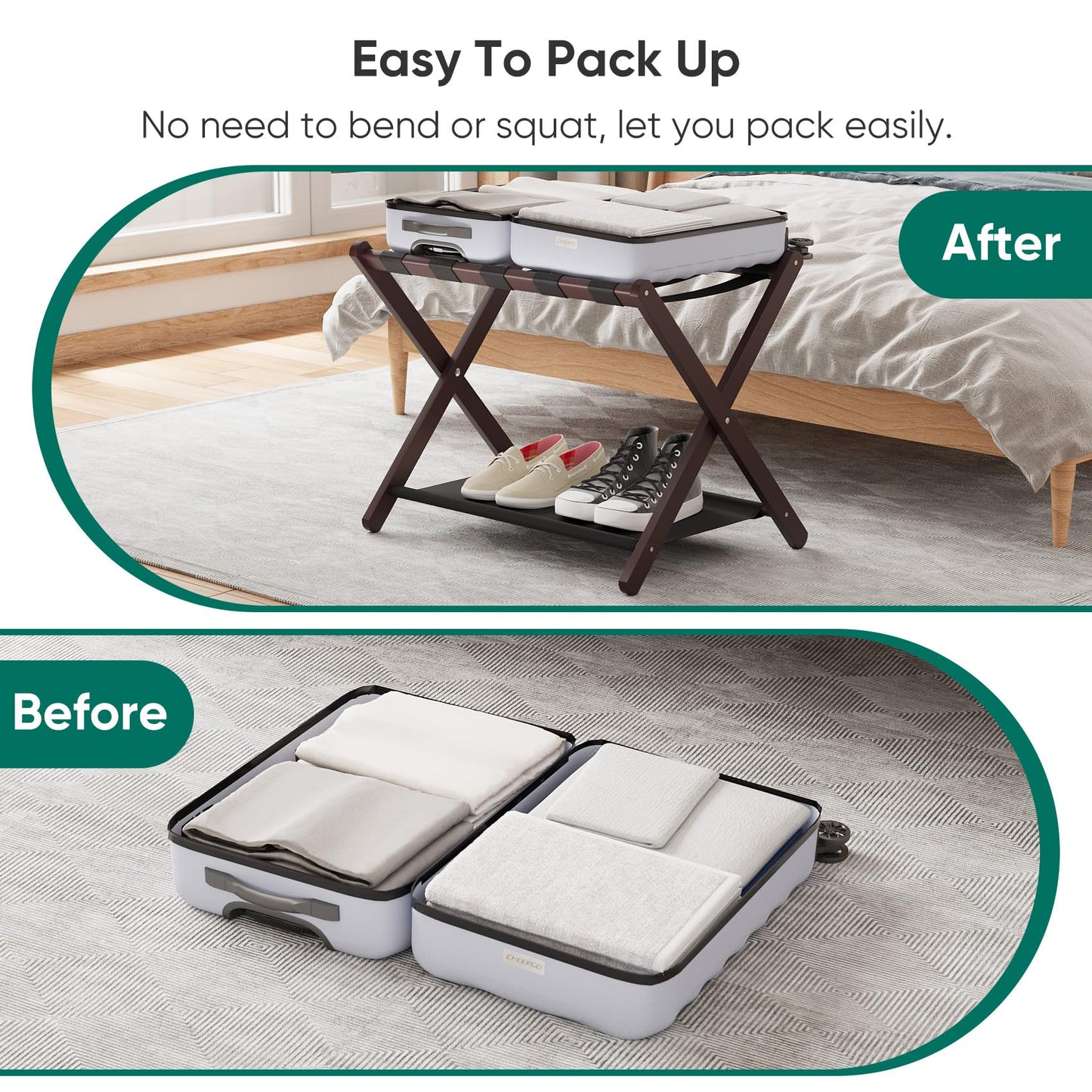 Smuxee Brown Bamboo Luggage Rack for Guest Room, Foldable Suitcase Stand with Storage Shelf, Easily Assembled Luggage Stand with 5 Nylon Straps for Guest Room Bedroom Hotel