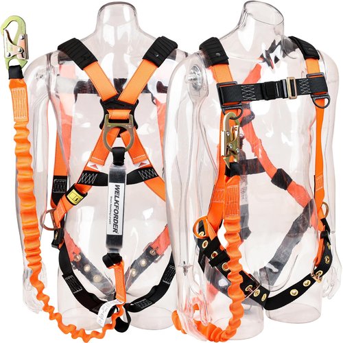 WELKFORDER 3D-Ring Fall Protection Safety Harness [3pt Adjustment＆Leg Tongue Buckles] with 6-Foot Shock Absorber Stretchable Lanyard [Snap Hook End] | Permanent attached Kit | ANSI Compliant