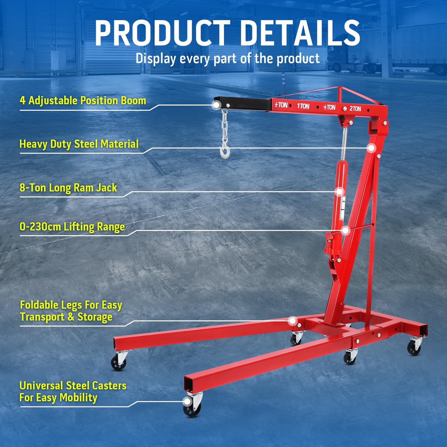 H-YEEU Hydraulic Engine Crane Hoist, 2 Ton Folding Motor Hoist Cherry Picker Heavy Duty Steel 4400lbs Lifting with 6 Casters for Garage Workshop(Red)