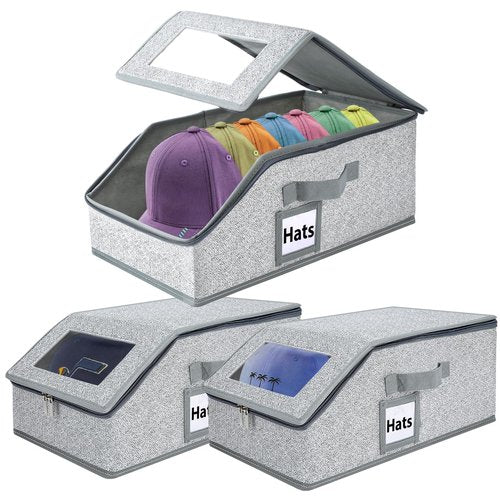 ZANAUWEKED 3 PCS Stackable Hat Storage for Baseball Caps，Hat Box Hold up to 36 Cap Box Organizer for Closet，Baseball Cap Storage with Zippered Lid Dustproof Sturdy Case for Men Women with Cardboard