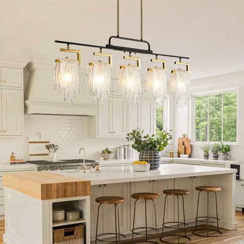 Dining Room Light Fixture/Chandelier Over Table, Modern 5-Light Black and Gold Pendant Lights Kitchen Island, Farmhouse Ceiling Pendant Light Fixtures, Hanging Linear Chandeliers, with Glass Shade