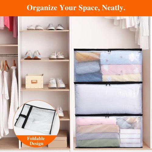 Vieshful 3 Pack 60L Clear Clothes Storage Bags with Zipper and Handles, Large Plastic Organizers for Comforter Clothes Bedding Blankets Duvets Pillow Toys & Moving