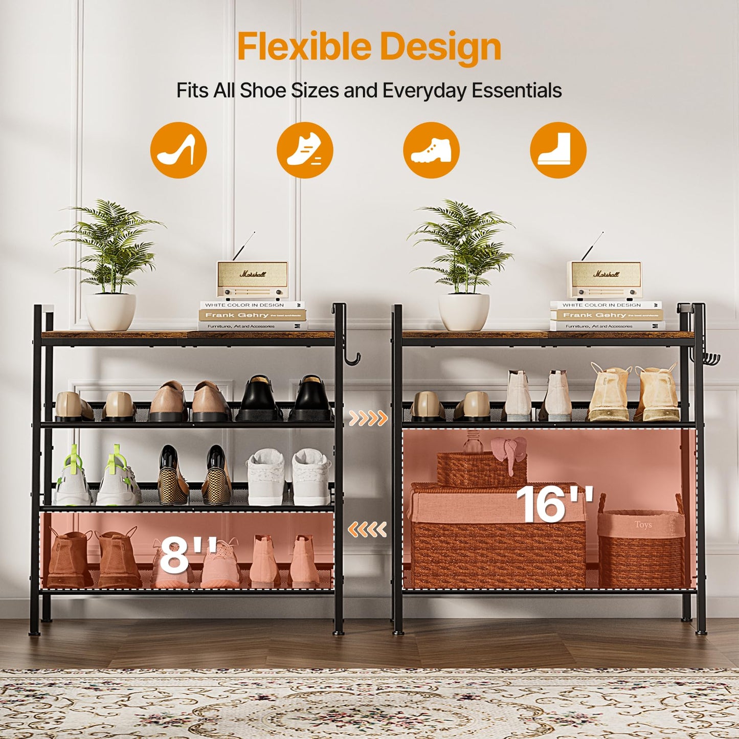 neatevday 4 Tier Shoe Rack, Shoe Rack for Front Door Entrance with Hook, Shoe Organizer with Adjustable Mesh Shelves, Metal Shoe Rack for Entryway, Closet, Bedroom Living Room Garage