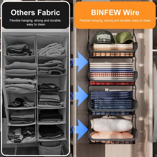Metal Closet Hanging Organizer, 4 Tier Stackable Closet Organizers and Storage, Sturdy Clothes Hanging Shelves, Wire Storage Basket for Clothing Pants Coat Sweaters Handbags Hats, RV Pantry Organizer