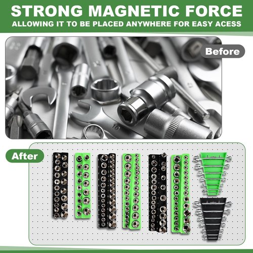 Blulu 8 Pack Magnetic Socket Organizer Set 1/4", 3/8", 1/2" Socket Holder, Magnetic Wrench Organizer 24-slot Drawer Storage Rack Tool Tray SAE (1/4" to 1-1/16"), Metric (6mm to 24mm), Green Black
