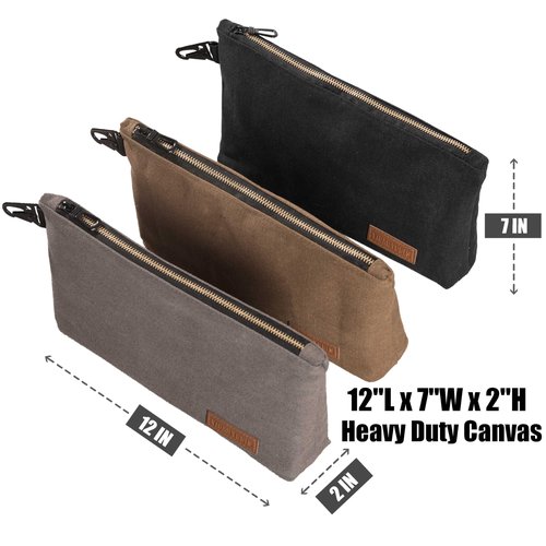 VIDAR TOOLS Premium Tool Pouch Zipper Bag, Small Tool Bag.Heavy Duty Canvas surface layer and Nylon lining.Metal Hook,Three internal compartments.3 pack,12"L x 7"W x 2"H.