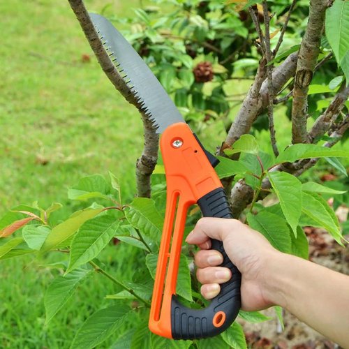 Durable Folding Pruning Saw with Safety Lock - Orange Handle for Camping, Gardening, Tree Trimming
