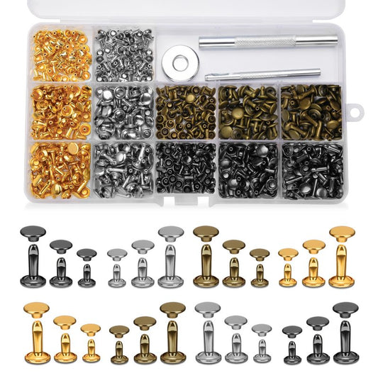DIUDUS 240 Set Leather Rivets, 4 Colors 3 Sizes Double Cap Rivet, Rivets for Leather with 3 Pcs Setting Tools for Leathercrafting Repair Decoration DIY Project