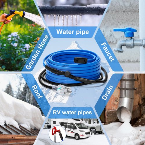 Heating Cable With Thermostat for Freeze Protection, 6FT Heat Cable + 6FT Power Line, Tape for Water Pipes Insulation, Trace for Metal Plastic Home Pipe, Roof, RV, Gutter