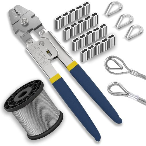 YingYa BIS Wire Crimping Tool Kit, 100FT Stainless Steel Cable, 100PCS Aluminum Crimping Loop Sleeve, Wire Rope Thimble