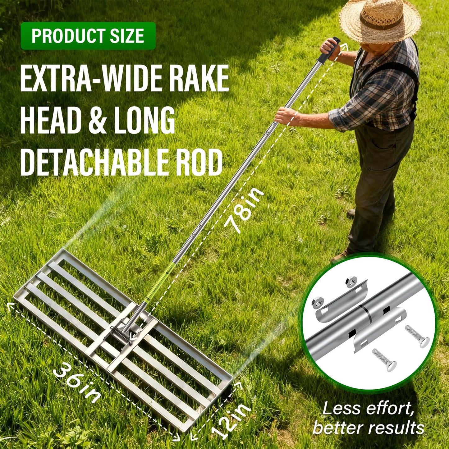 36x12 inch Lawn Leveling Rake,Heavy-Duty Stainless Steel Landscape Rake with an Adjustable 78'' Extra Long Handle Lawn Leveling Tool for Yard,Backyard,Garden,Golf,Farm,Pasture